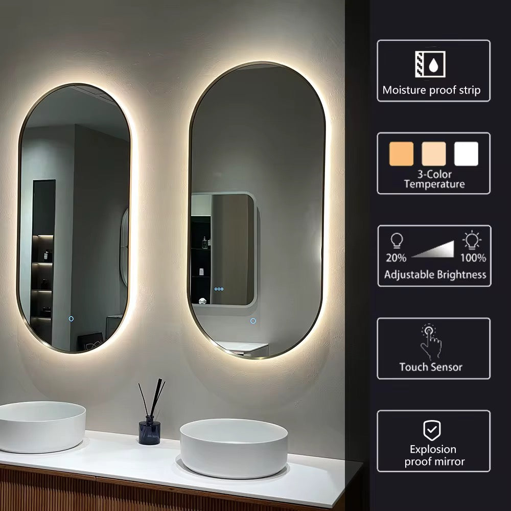 مرآة حائط مضيئة بإطار ذهبي