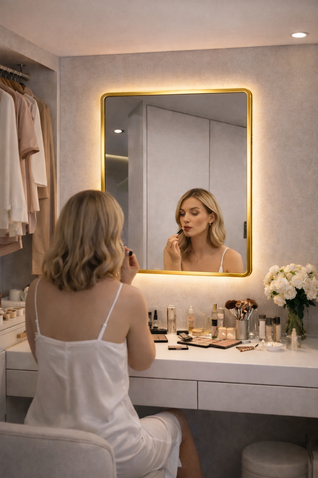 مرآة LED فاخرة بإطار فضي - إضاءة ذكية قابلة للتحكم - 3 ألوان