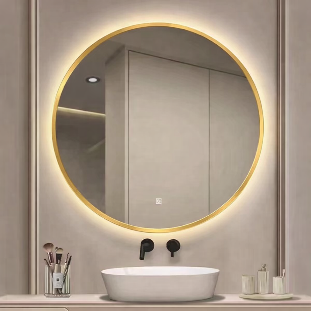 مرآة دائرية مضيئة بإطار ذهبي مع تحكم باللمس