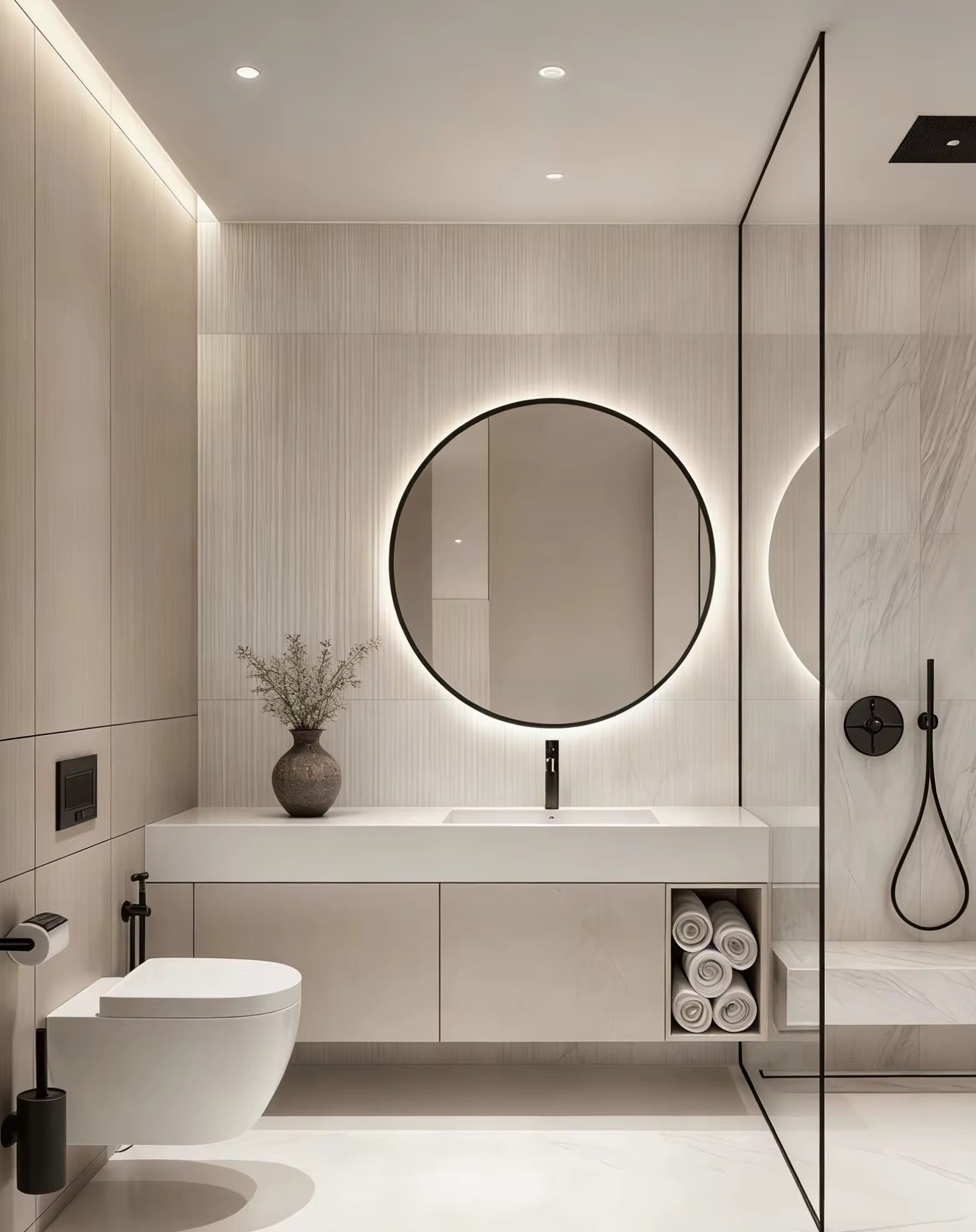 مرآة دائرية مضيئة بإطار أسود مع تحكم باللمس