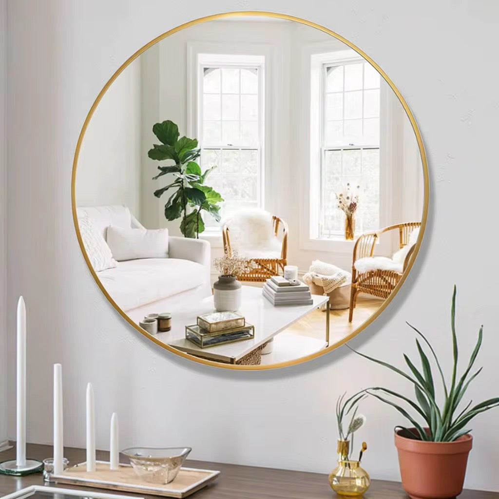مرآة دائرية مضيئة بإطار ذهبي مع تحكم باللمس
