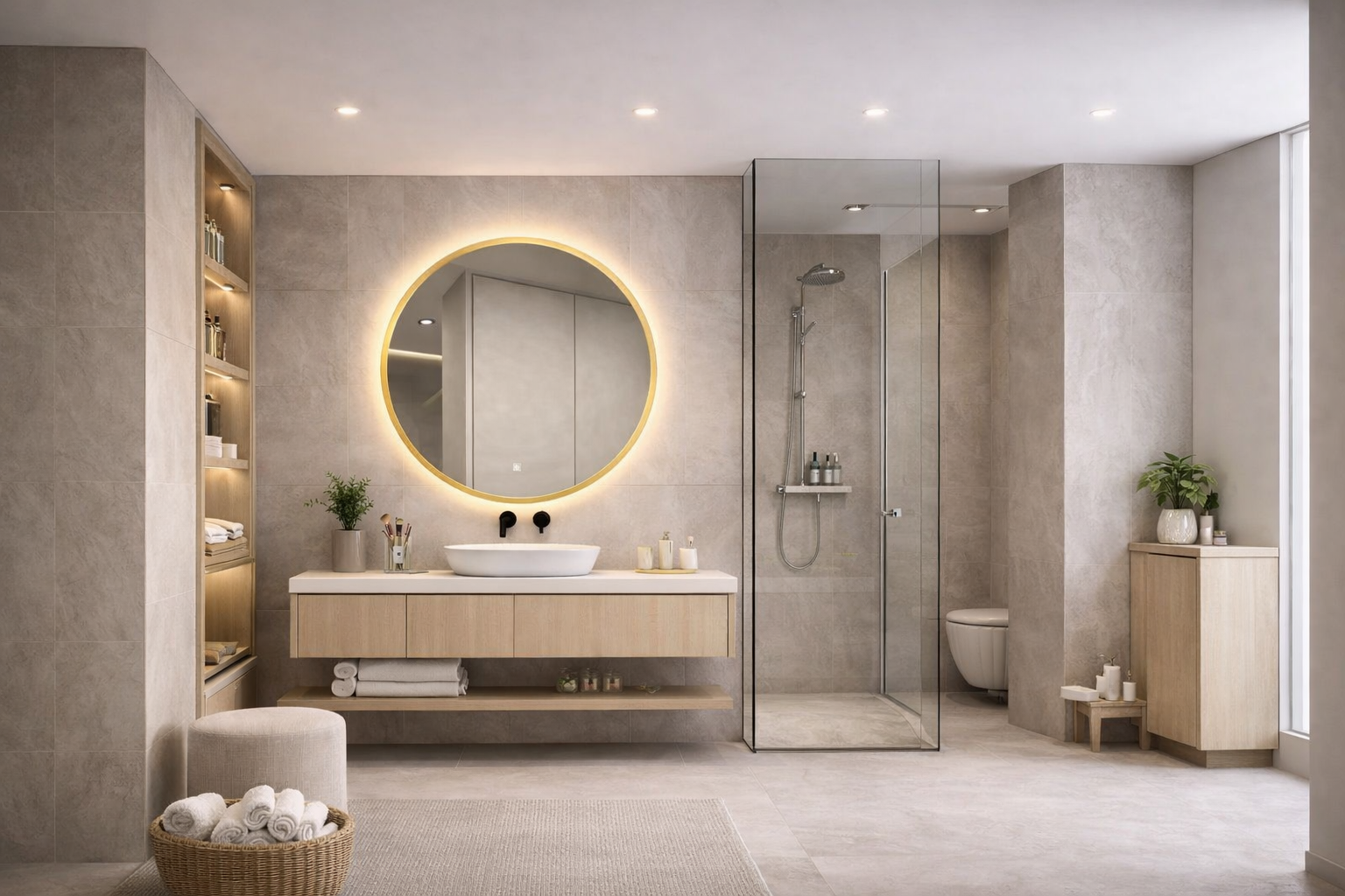 مرآة دائرية مضيئة بإطار ذهبي مع تحكم باللمس