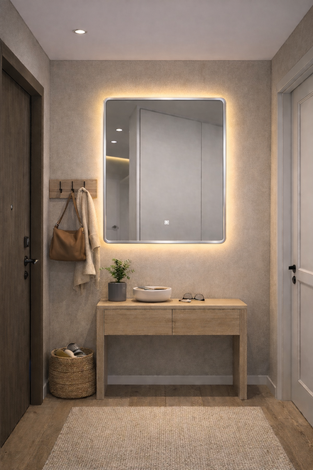 مرآة LED فاخرة بإطار فضي - إضاءة ذكية قابلة للتحكم - 3 ألوان