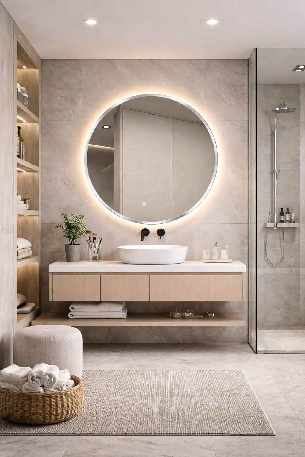 مرآة دائرية مضيئة بإطار فضي مع تحكم باللمس