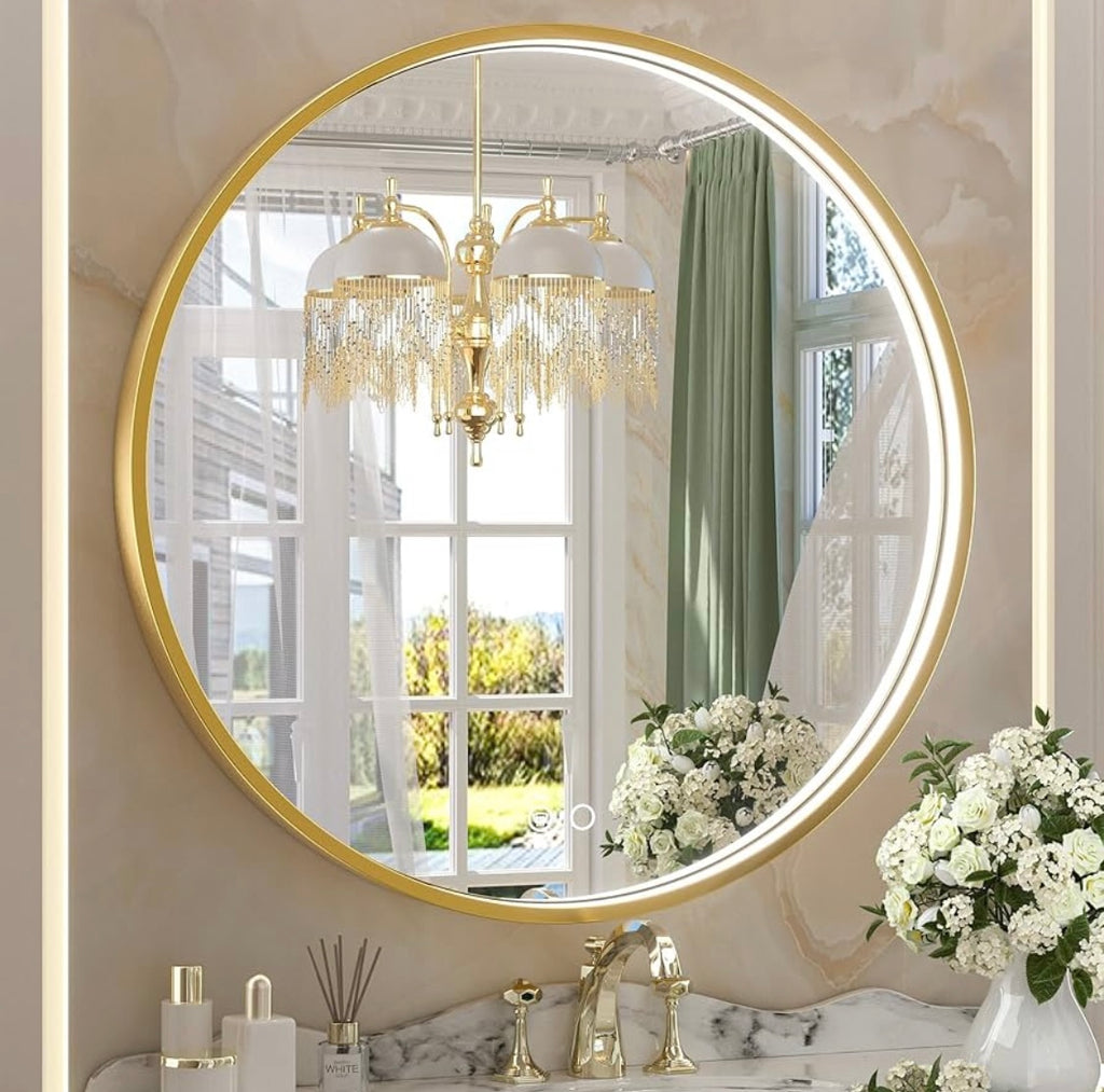 مرآة دائرية مضيئة بإطار ذهبي مع تحكم باللمس