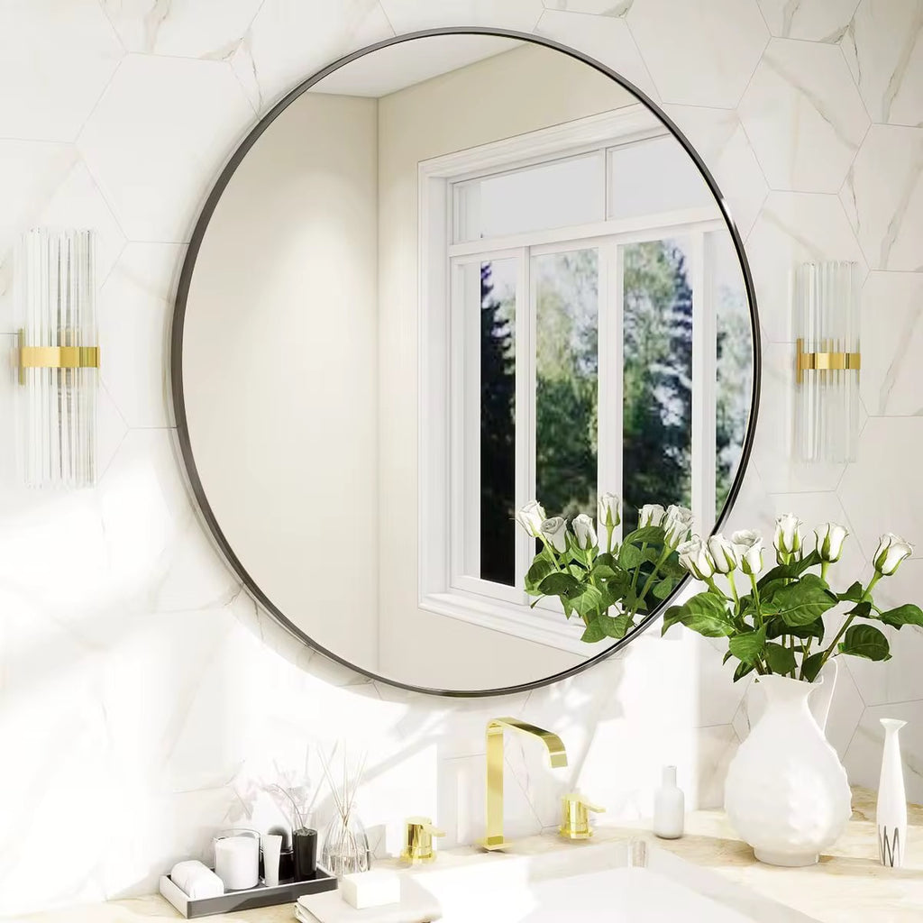 مرآة دائرية مضيئة بإطار أسود مع تحكم باللمس