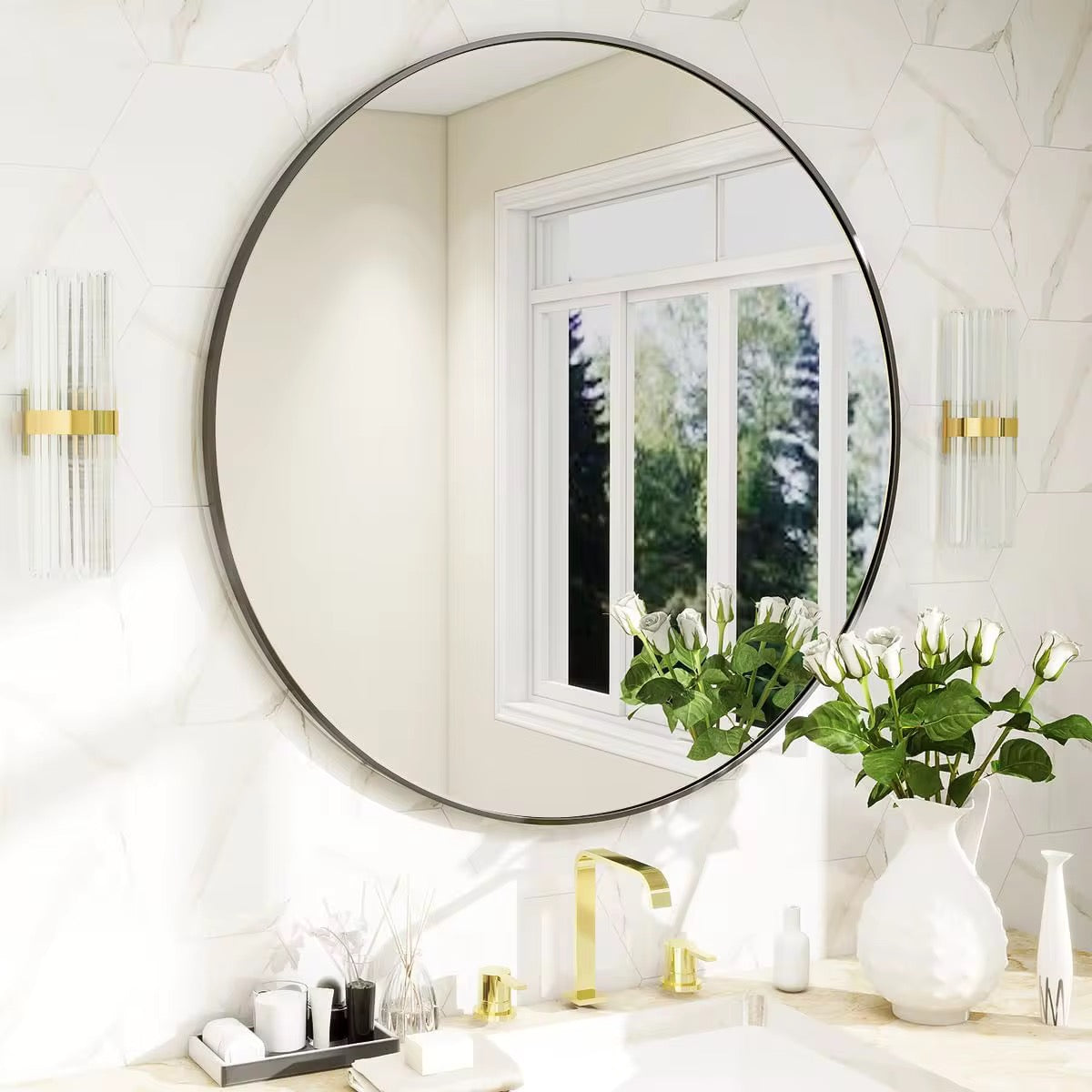 مرآة دائرية مضيئة بإطار أسود مع تحكم باللمس