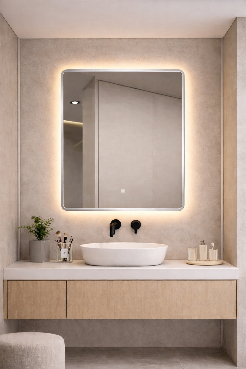 مرآة LED فاخرة بإطار فضي - إضاءة ذكية قابلة للتحكم - 3 ألوان