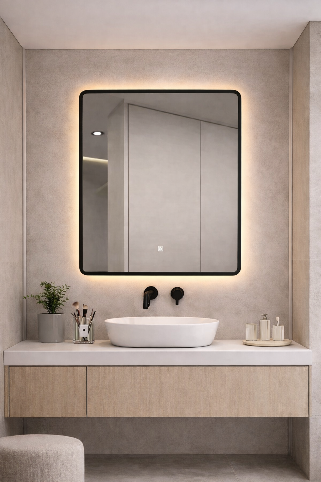 مرآة LED فاخرة بإضاءة ذكية قابلة للتحكم - إطار أسود - 3 ألوان