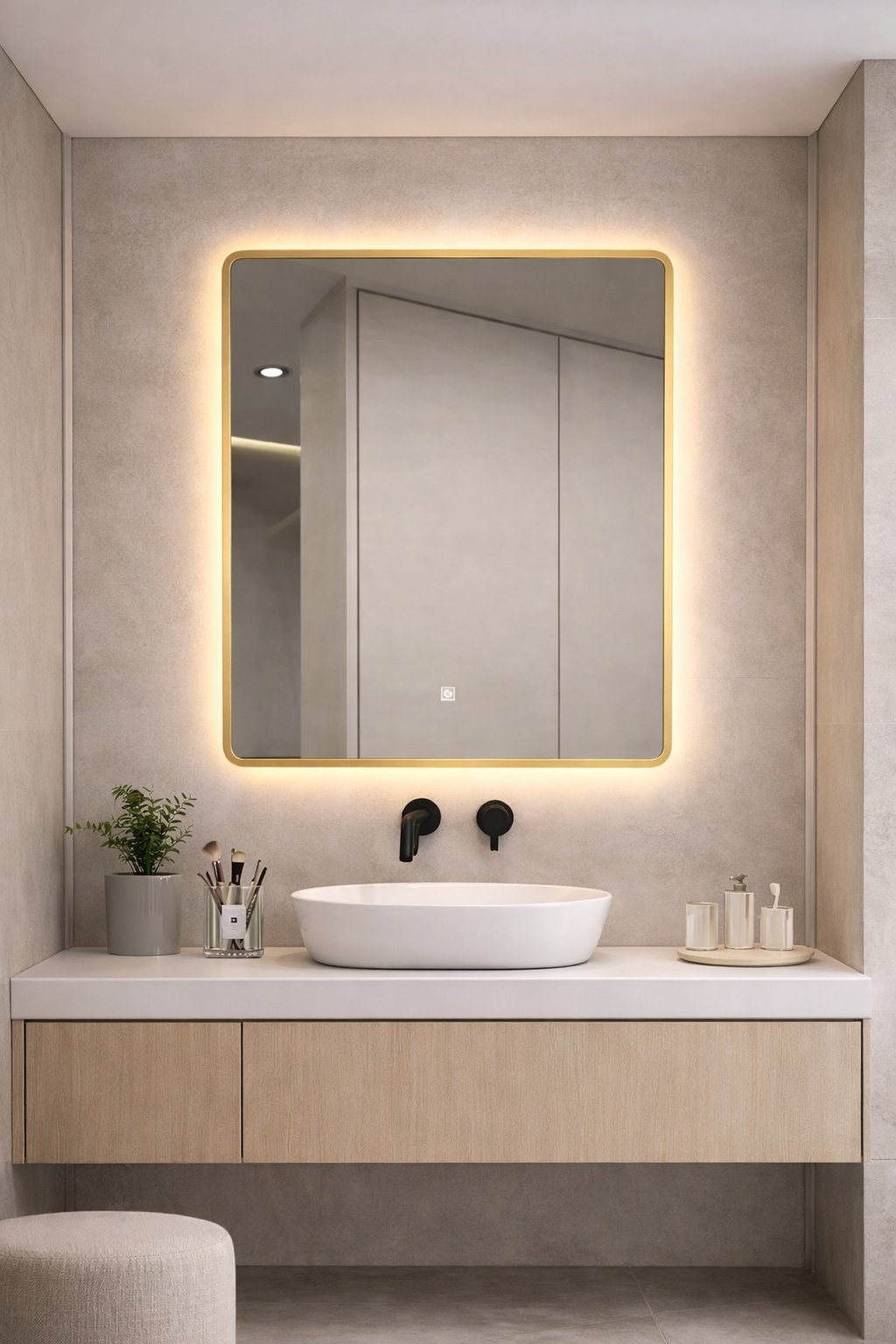 مرآة LED مستطيله ب إطار ذهبي بإضاءة ذكية قابلة للتحكم - 3 ألوان