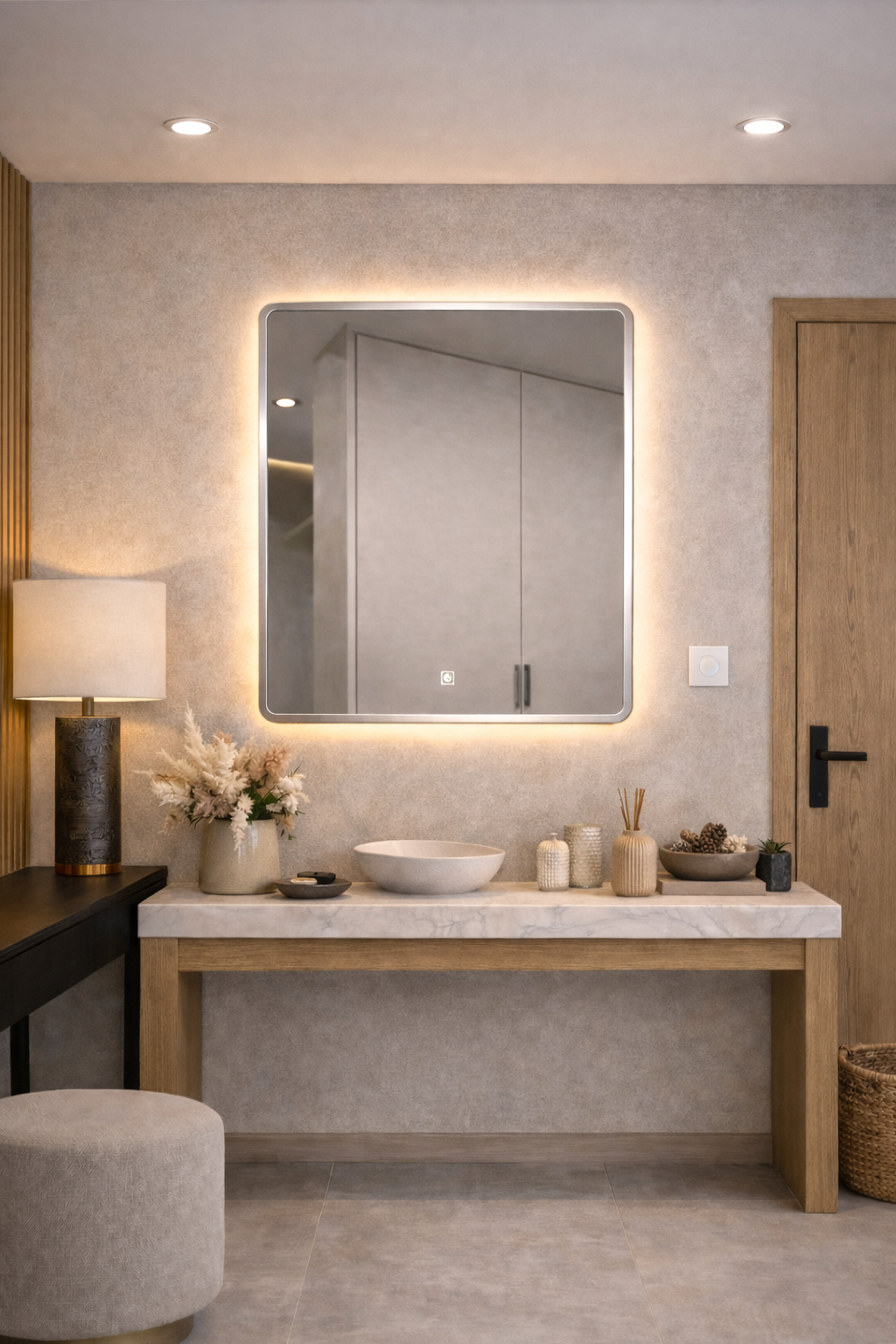 مرآة LED فاخرة بإطار فضي - إضاءة ذكية قابلة للتحكم - 3 ألوان