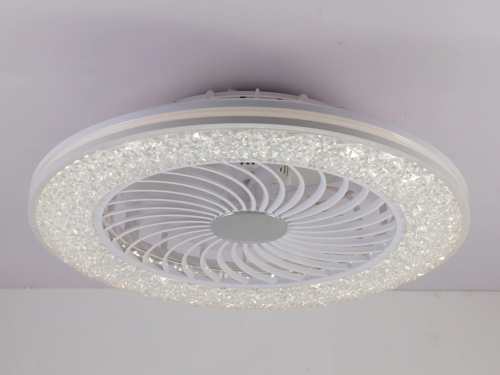 مروحة سقف LED عصرية مع إضاءة كريستالية – تحكم عن بُعد